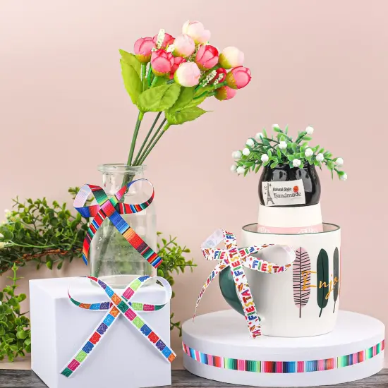 12 Rolls Fiesta Ribbon 3/8 Inch Mexican Serape Grosgrain Ribbons Colorful Stripes Pinata Cactus Guitar Decorative Ribbon for Cinco De Mayo Fiesta Party Mexican Theme Party Events, 60 Yards {5}