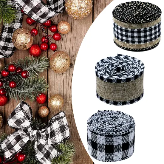 3 Rolls Christmas Buffalo Plaid Ribbon Wired Edge 9.9 Yard Plaid Burlap Ribbon Christmas Checked Burlap Ribbon for Christmas Tree Wrapping Crafts Decoration 1.5 inch Width(Black and White) {4}