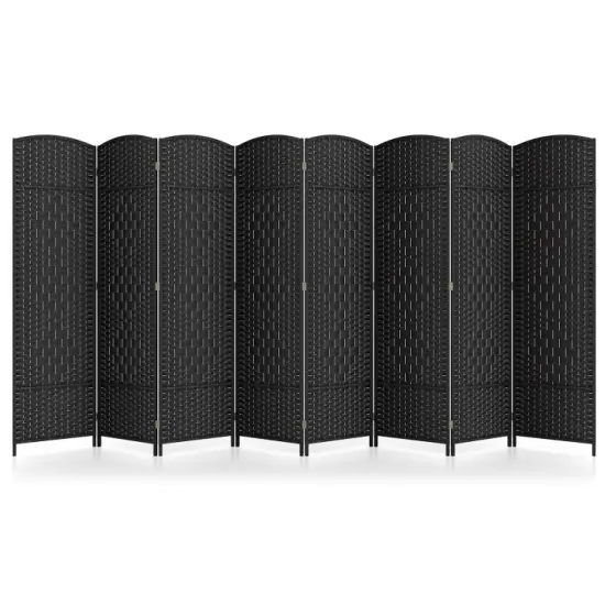 8-Panel Folding Room Divider with Hand-Woven Texture and Solid Wood Frame Black {8}