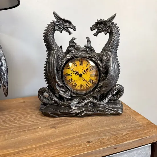 Twin Evil Dragons Antiqued Mantel Clock Table Desk {5}