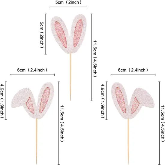 24 Pack Easter Bunny Ear Cupcake Toppers, Pink Glitter Rabbit Ears Cupcake Picks, Easter Day Cake Toppers for Easter Theme Spring Birthday Baby Shower Party Supplies {2}