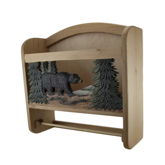 Bear in the Woods Hand Crafted Wooden Paper and Towel Holder w/Storage {3}