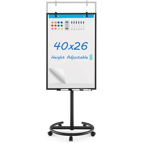 Height-Adjustable Mobile Whiteboard with Round Stand Paper Clips-Black {1}