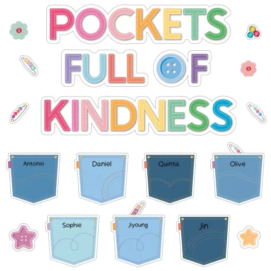 Carson Dellosa Crafty and Cool 58-Piece Pockets Full of Kindness Motivational Bulletin Board Set, Arts and Crafts Theme Growth Mindset Classroom Decor {1}