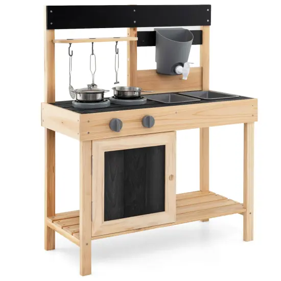 Mud Kitchen Playset Kids Play Kitchen Outdoor with 2 Removable Sinks-Natural {1}
