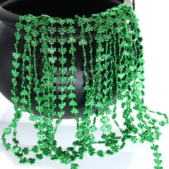 12 pack of 33 St. Patricks Day Shamrock bead Necklaces, Mardi Gras Bead Necklaces, Matellic Green Shamrock Clover Bead Necklaces, Party Beads, Costume Jewelry {3}