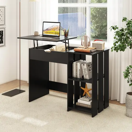 Black Space Saving Computer Desk with Hidden Compartment and Open Storage Shelves {3}