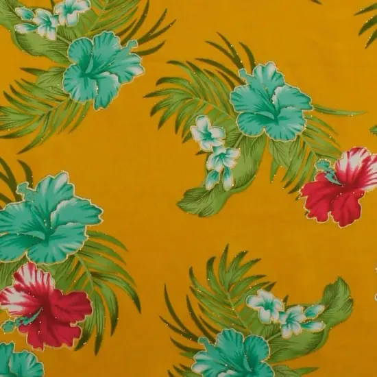 1 Yard Hibiscus Plumeria Banana Leaves Palm Leaves Glitter Polyester Fabric, 36in L x 60in W Mustard {3}