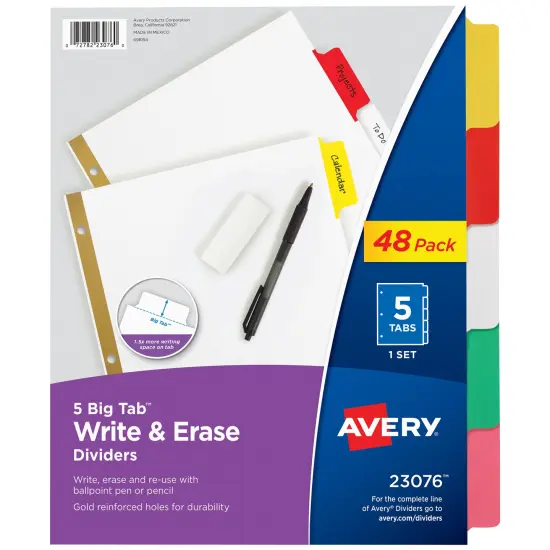 Avery Big Tab Write & Erase Dividers for 3 Ring Binders, 5-Tab Set, Multicolor Divider Tabs, 1 Set of Binder Dividers, Great for Organizing Projects, Reports, Finances, and More (23076) - 48 Pack {1}