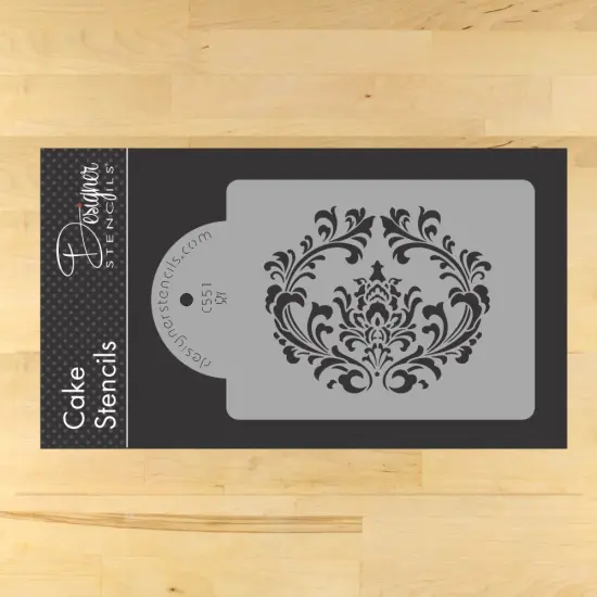 Filigree Damask Cake Stencil Side #1 | C551 by Designer Stencils | Cake Decorating Tools | Baking Stencils for Royal Icing, Airbrush, Dusting Powder | Reusable Plastic Food Grade Stencil for Cakes | Easy to Use & Clean Cake Stencil {1}