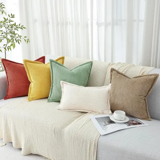 Corduroy Pillow Covers 18x18 Inch Set of 2, Striped Decorative Square Spring Throw Pillow Covers with Wide Border for Couch Living Room Bed, Cream White {4}