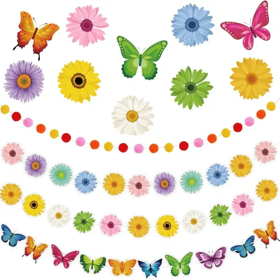 4Pcs Spring Banner Decorations Spring Butterfly Flowers Garland Kits Sun Flowers Hanging Swirl Birthday Party Supplies {1}