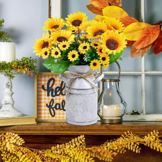 Summer Farmhouse Sunflowers &ndash; 13" Metal Milk Jug with Artificial Sunflower Bunches for Rustic Home & Kitchen Decor Floral Arrangements {4}