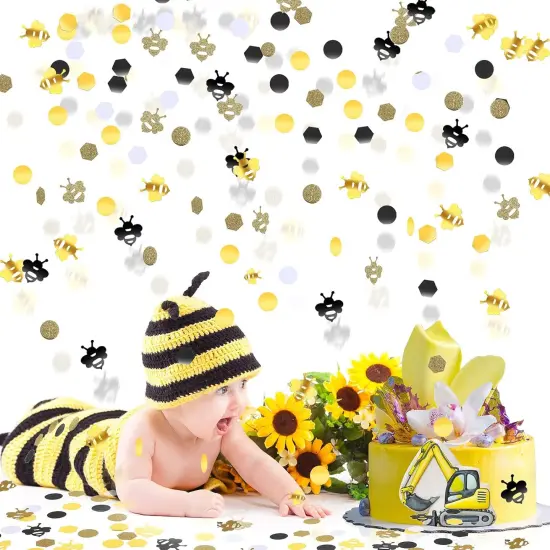 410 Pieces Bee Confetti Gold Glitter, Yellow Black, Circle Confetti Honeycomb Hexagon Confetti for Bee Themed Party Baby Shower Birthday Table Decoration {4}