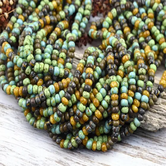 5/0 Aged Jade Striped Picasso Mix Seed Beads (20" Strand) {2}
