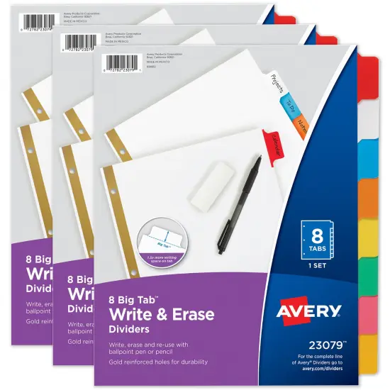 Avery Big Tab Write & Erase Dividers for 3 Ring Binders, 8-Tab Set, Multicolor Divider Tabs, Great for Organizing Projects, Reports, Finances, and More (3-Pack of 23079) {1}