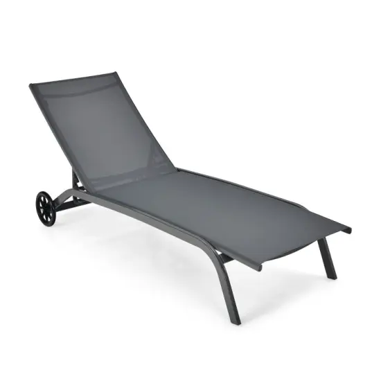 Adjustable Outdoor Chaise Lounge Chair with Wheels &ndash; Steel Frame, Breathable Fabric Brown {7}