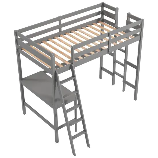 Twin Size Pine Wood Loft Bed with Desk, Guardrail, Dual Ladders Grey {8}