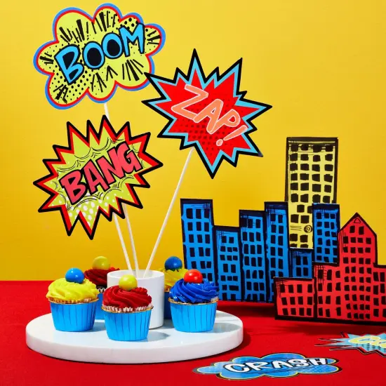 60 Pack Superhero-Themed Bulletin Board Cutouts – 5x7 Inch Poster Decorations, Starburst Signs for Comic Book Birthday, School Supplies (6 Unique Designs) {2}