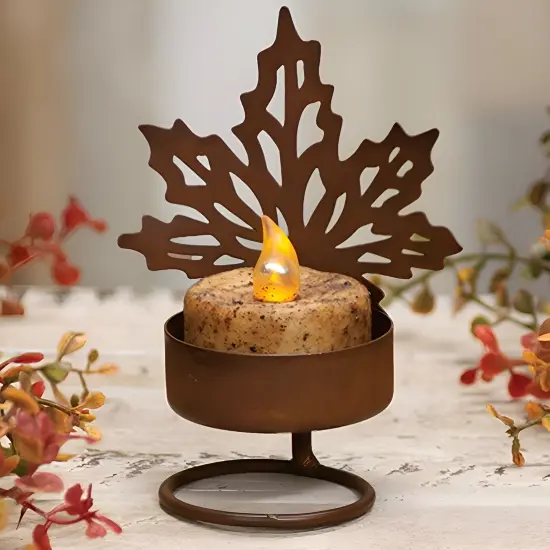 Rustic Brown Metal Tealight Holder, Leaf Design and Fall Decor {2}