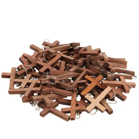 Bright Creations 50-Pack Mini Wooden Cross Keychains Bulk for Christian Party Favors, Easter Crafts, Necklace and Bracelet Charms for Jewelry Making (1.2x1.7 in) Brown {6}