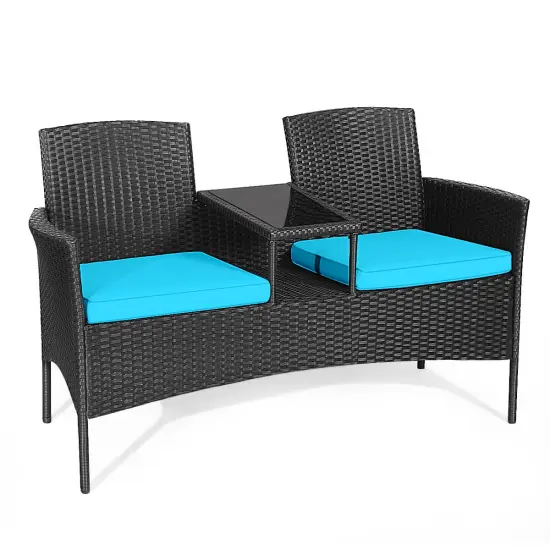 Costway Patio Rattan Conversation Set Loveseat Sofa Cushioned Coffee Table Turquois\Red {7}