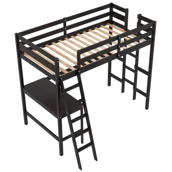 Twin Size Pine Wood Loft Bed with Desk, Guardrail, Dual Ladders Espresso {7}
