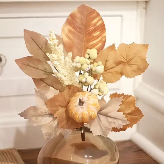 Gold-Brown Wind Washed Fall Foliage Pick with Pumpkin for Autumn Decor {3}