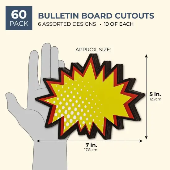 60 Pack Superhero-Themed Bulletin Board Cutouts – 5x7 Inch Poster Decorations, Starburst Signs for Comic Book Birthday, School Supplies (6 Unique Designs) {5}