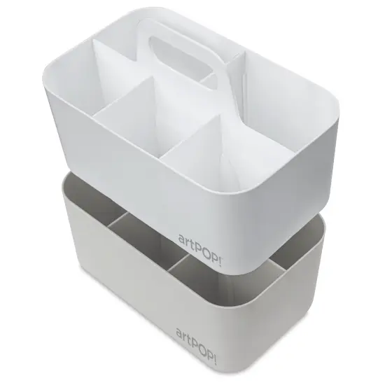 artPOP! Stackable Storage Caddies, Set of 2, White & Gray, Customizable, Multipurpose Organizer Tote with Handle, Perfect for Art Supplies, Crafts, Classrooms {2}