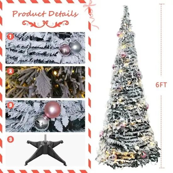 Christmas Pre-Lit Tree 6FT Artificial Foldable Snow Flocked Xmas Tree Home Decor {4}