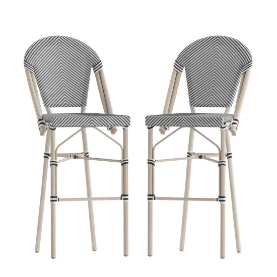 Merrick Lane Mael Set of Two Stacking Bistro Style Bar Stools with Textilene Backs and Seats and Metal Frames for Indoor/Outdoor Use Black/Natural Frame {8}