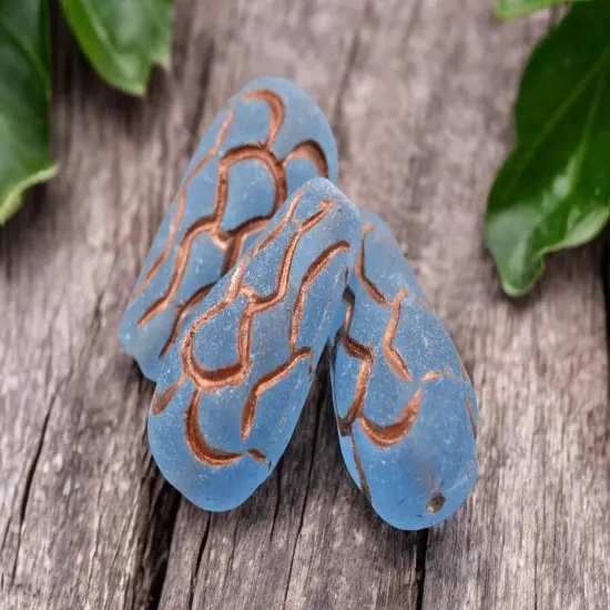 *6* 25x12mm Copper Washed Matte Transparent Capri Blue Mermaid Scale Large Drop Beads {5}