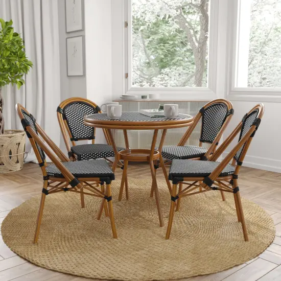 Merrick Lane Sacha Bistro Style Table with Glass Top, PE Rattan, 2 Stack Chairs, and Bamboo Finished Metal Frame for Indoor/Outdoor Use Navy&White/Natural {7}