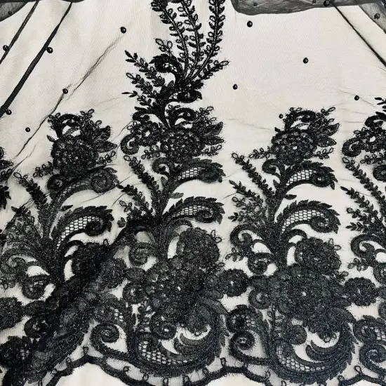 1 Yard Beaded & Corded Bridal Lace Fabric Embroidered on 100% Polyester Net Mesh 56" Wide Black {1}