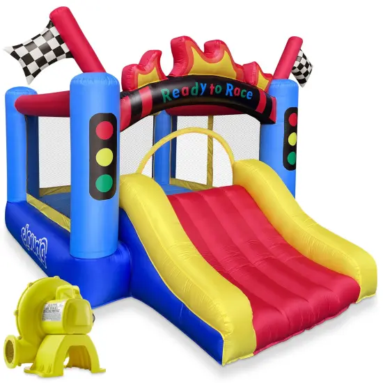 Cloud 9 Inflatable Bounce House and Blower, Race Car Track Theme Bouncer for Kids with Slide and Large Jumping Area {1}