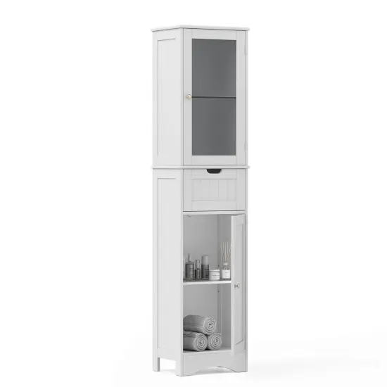 Costway Bathroom Tall Cabinet Freestanding Linen Tower with Doors & Drawer Black/Grey/White {9}