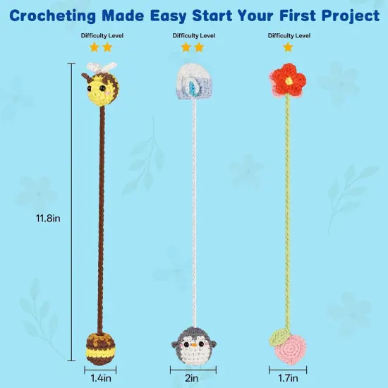 3 Animal & Flower Bookmarks Crochet Kit - Yellow, Blue, Pink {2}