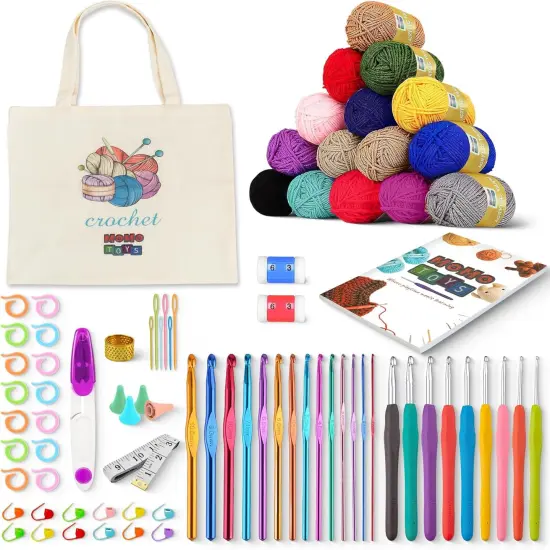 Beginner Crochet Kit - 58 PCS Starter Set - 15 Yarn Skeins & Multicolor Goodie Bag (Medium) {1}