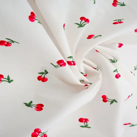 1 Yard Stretch Poplin Cherry Print Fabric, 57/58&Prime; Wide Cotton Spandex Blend IVORY/RED {4}