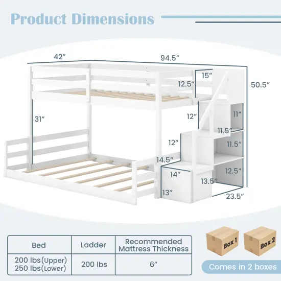 Space-Saving Wooden Twin Over Full Bunk Bed with Stair Storage and Safety Guardrails for Kids {5}
