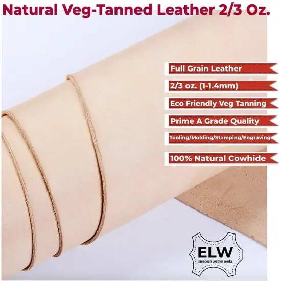 ELW Veg Tanned Leather Shoulder 2/3 oz. (.8-1.2mm) Light Weight 100% Natural Full Grain Leather Tooling Craft Lining Repair Projects Various Sizes: {3}