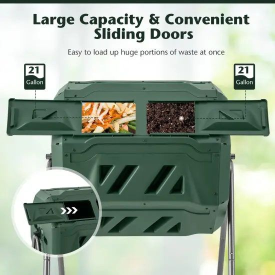 Dual-Chamber Compost Bin with Sliding Doors and Rotatable Design 42 Gallon Green {5}