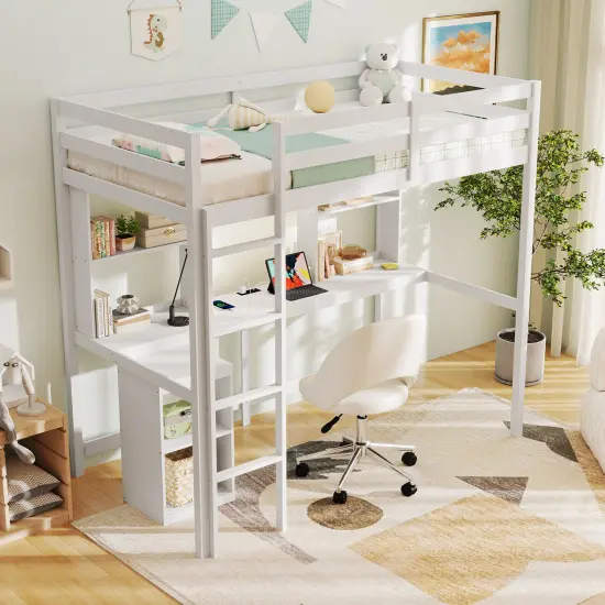 White Loft Bed with Built-in Desk LED Lighting USB and Type-C Charging Ports for Bedroom Dorms or Apartments {4}