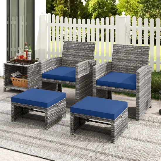 2 Piece Mix Grey Rattan Ottomans with Cushions, Sturdy Metal Frame and Multi-Function Design Navy {2}