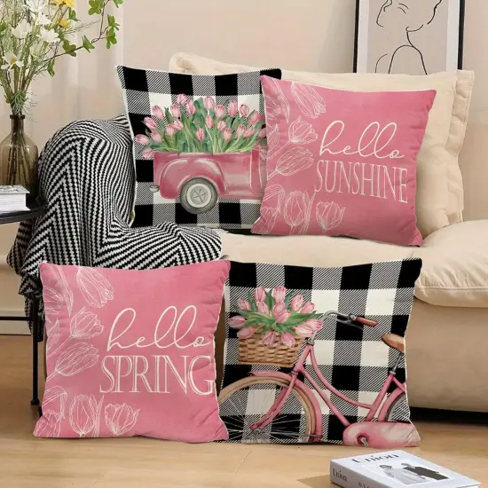Hello Spring Pillow Covers Flowers Pink Tulip Bicycle Truck Pillowcases Spring Farmhouse Decorations, 18 x 18 Inch Cushion Case for Sofa Couch Set of 4 {3}