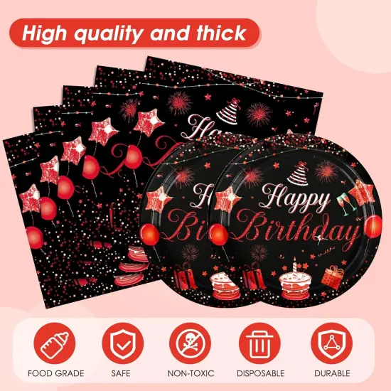 Red & Black Birthday Decorations - Party Supplies Set with Confetti Sprinkles, Includes Disposable Paper Plates & Napkins, Tablecloth for Boys & Girls {5}