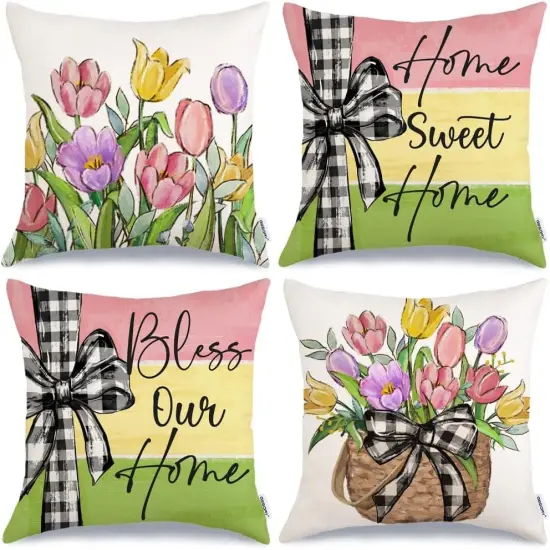 Spring Summer Throw Pillow Covers 18x18 Inch Set of 4, Floral Tulips Striped Bow Home Sweet Bless Our Farmhouse Decorative for Decoration G510-18 {1}