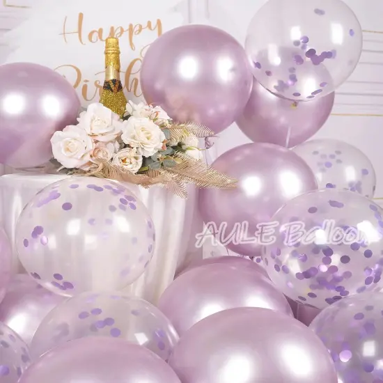 Party Balloons Pack of 42 - Metallic Lavender Balloons and Confetti Latex Helium Balloons With 64ft Ribbons - 12 Inch Lilac Chrome Balloon Decoration Set {3}