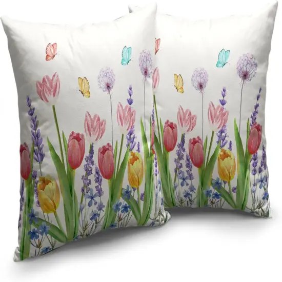 Summer Floral Throw Pillows Cover 18x18 Set of 2 Pink Tulip Flower Pillow Covers Lavender Dandelion Butterfly Decorative Pillow Case for Farmhouse Patio Sofa Couch {2}